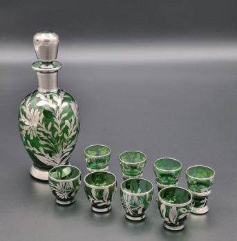 Okuta srebrem karafka z kieliszkami szkło szmaragdowe