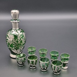 Okuta srebrem karafka z kieliszkami szkło szmaragdowe