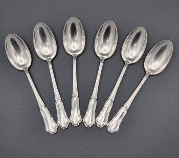 SREBRNY KOMPLET ŁYŻEK DO BULIONU 6.os. 270 gr. PR. 800 PÓŁ KSIĘŻYC Z KORONĄ, NIEMCY WILDE